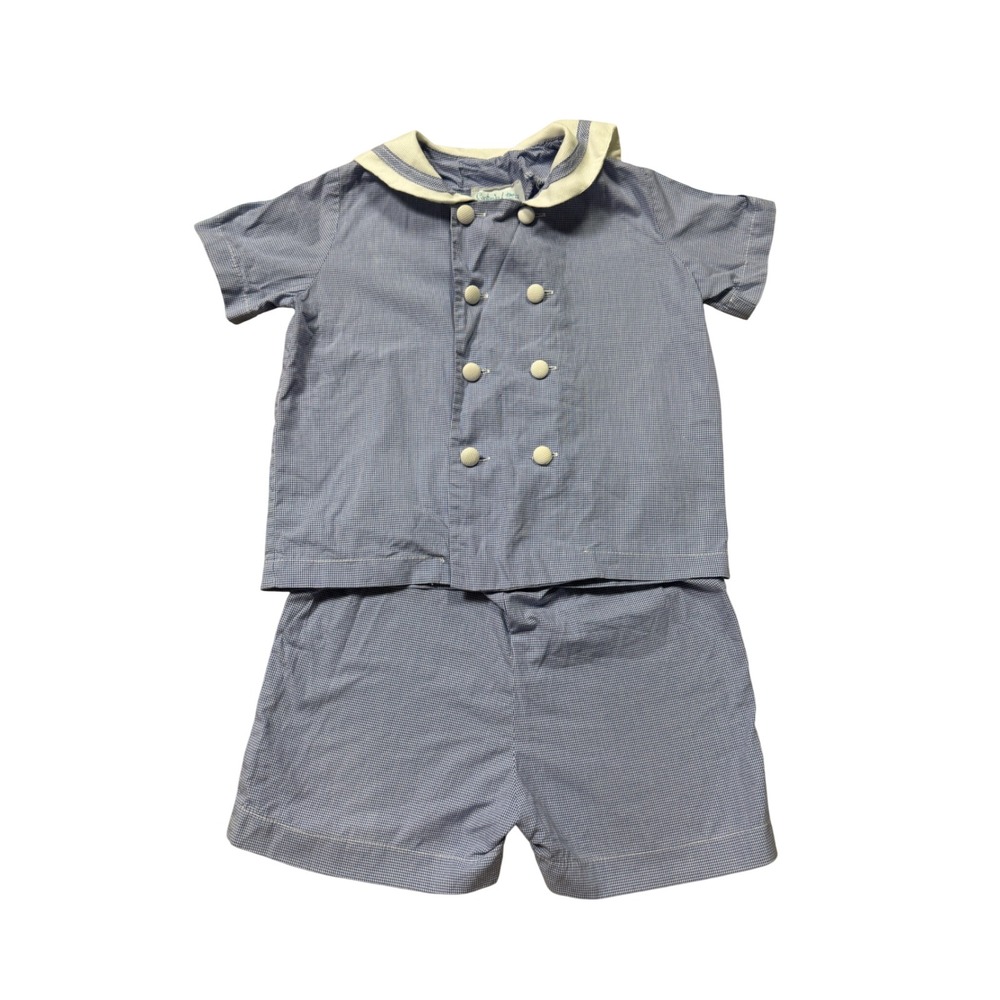 90s vintage Funtasia Too Boys Blue Gingham Sailor Shirt Shorts Set Top 5 pants 4